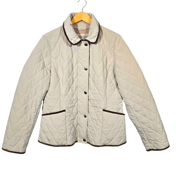 Croft & Borrow Quilted Jacket Lined Women's Size L Beige Velvet Trim Pockets - Picture 2 of 9